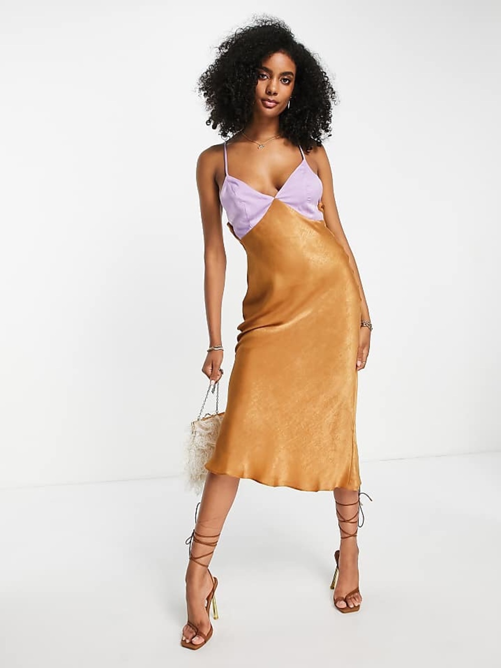 ASOS Two-Tone Satin Slip Dress in Lavender and Caramel